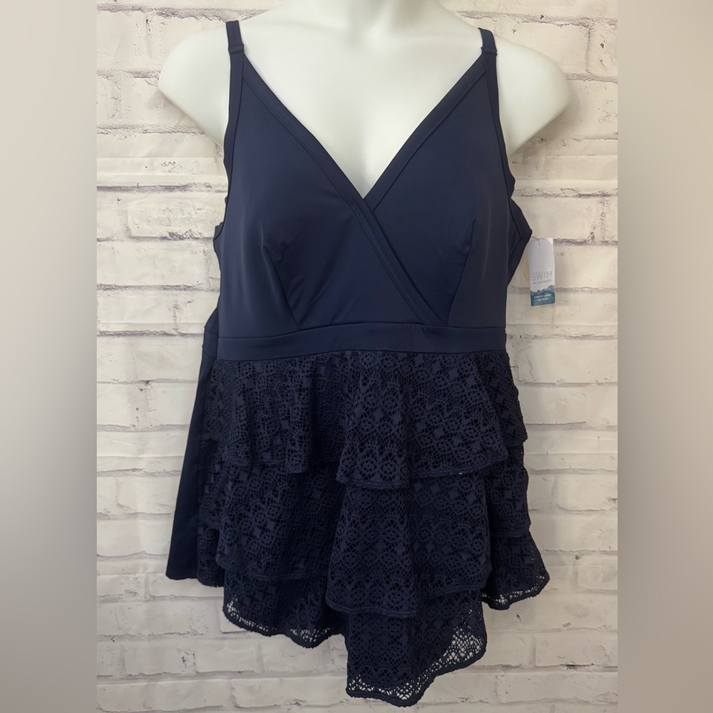 Swim By Cacique Lightly Lined No Wire Size 26 Blue Lace Tankini Top Tiered New
